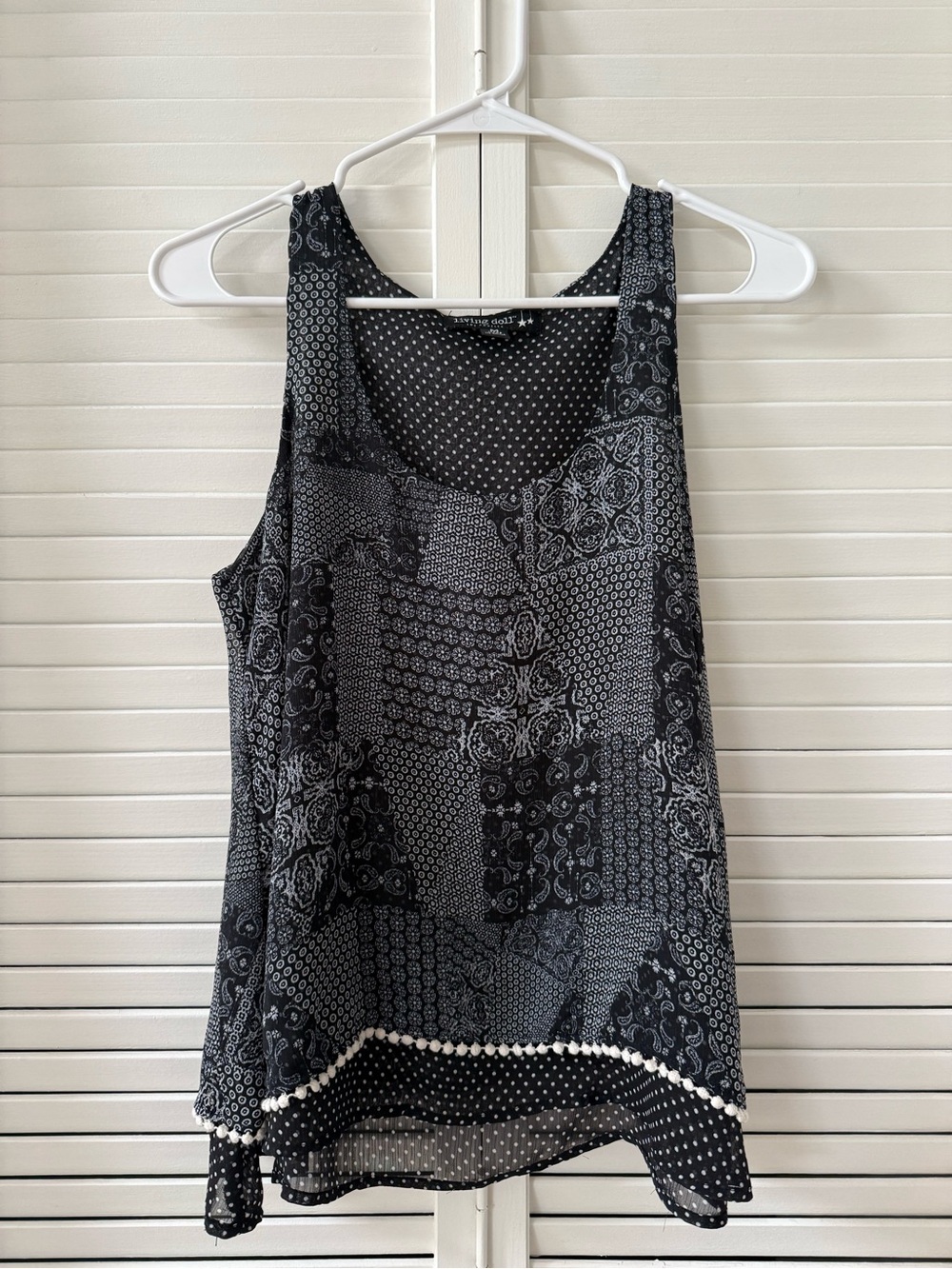 living doll Black & White Patchwork Print Tank with Pom Trim